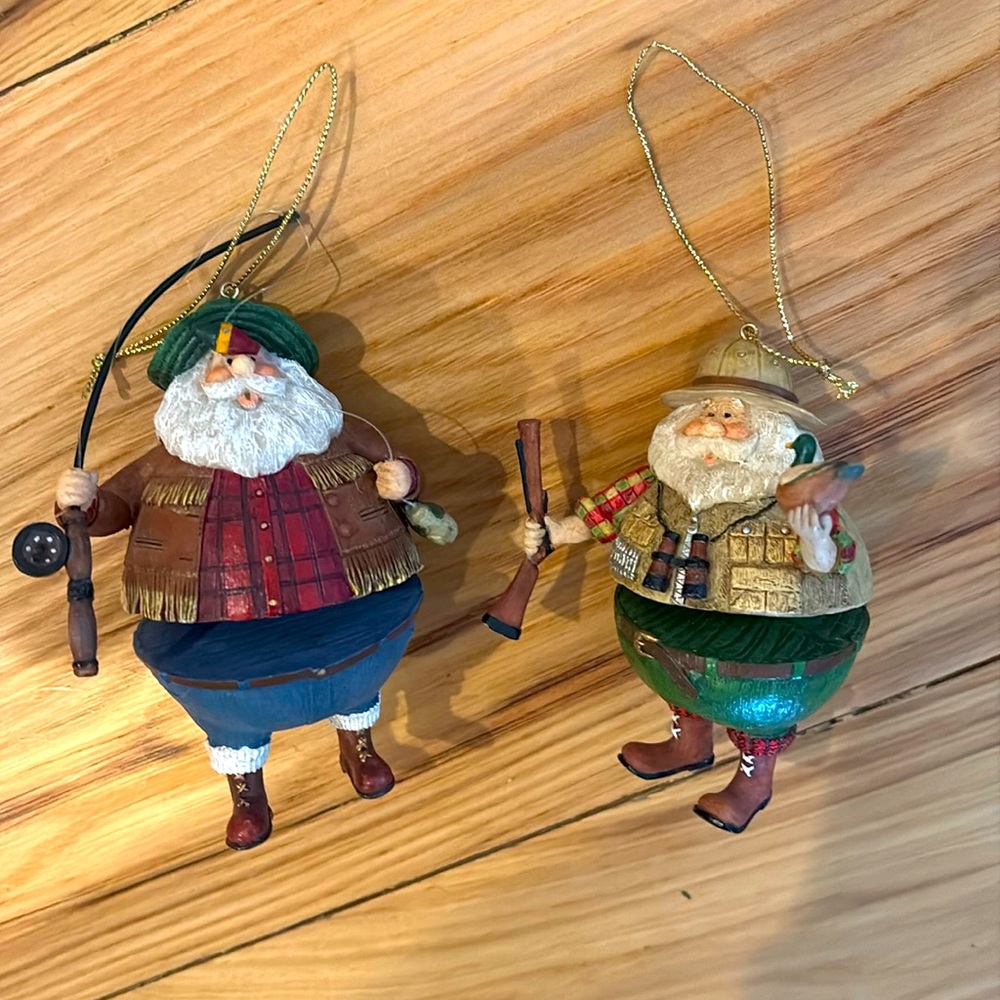Fisherman and Hunter Christmas ornaments.